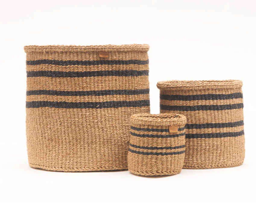Thin Stripe Charcoal Black & Natural Woven Storage Basket