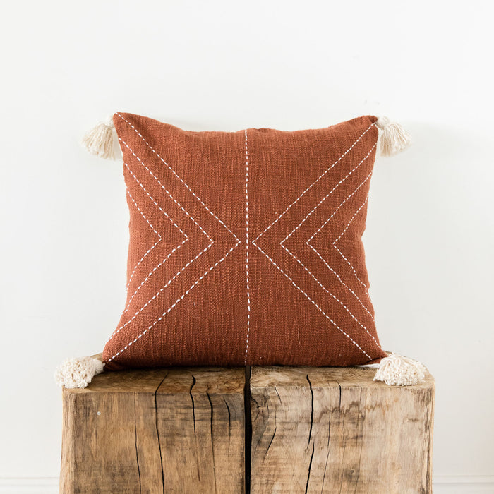 Terracotta Cushion With Cream Stitched Pattern
