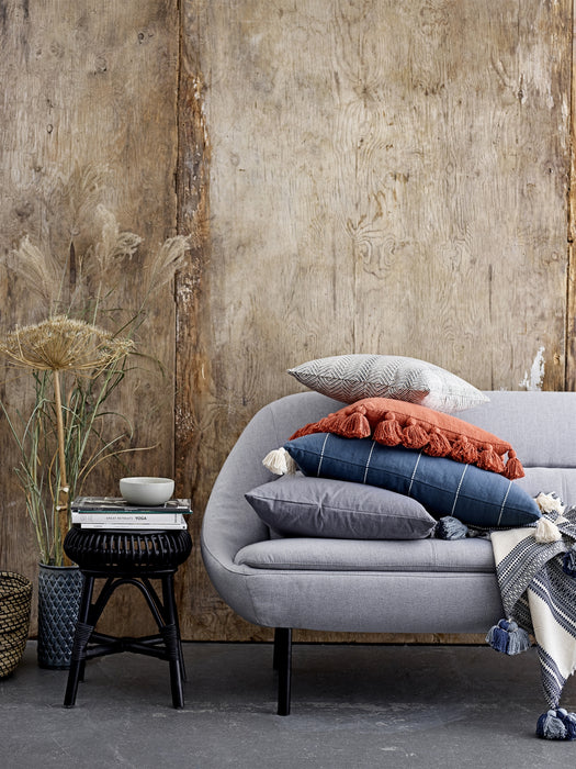 Grey Blue & Cream Striped Cotton Throw With Pompoms