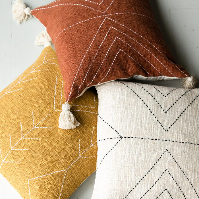 Terracotta Cushion With Cream Stitched Pattern