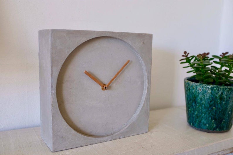 Handmade Concrete Square Desk Clock With Copper Hands