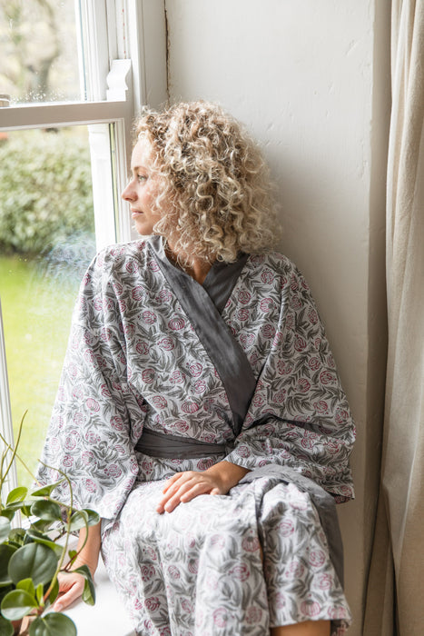 long cotton kimono dressing gown Teal Wild Flowers Long Cotton Kimono Dressing Gown Kantha Decor