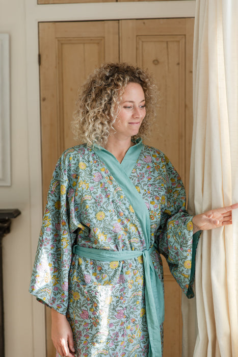 Hand Block Printed Kimono Dressing Gown Robe - Ayana