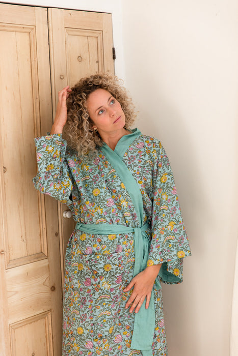 Hand Block Printed Kimono Dressing Gown Robe - Ayana