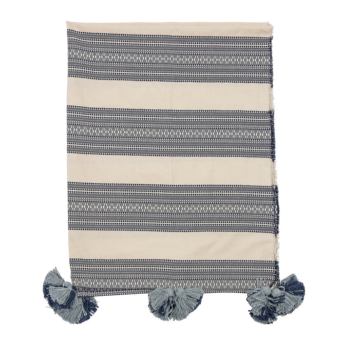 Grey Blue & Cream Striped Cotton Throw With Pompoms