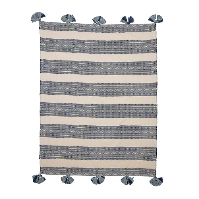 Grey Blue & Cream Striped Cotton Throw With Pompoms