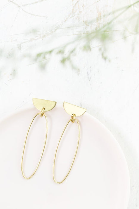 Oval single D brass statement earrings